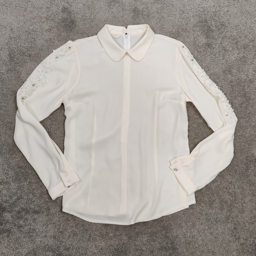 Women's Long Sleeve Ivory Blouse Size EU 40 Lace Pearl Coquette Feminine Office